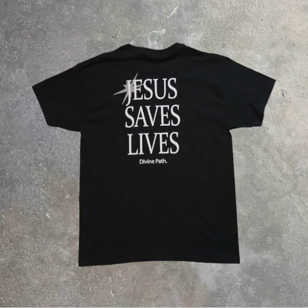 Black Short Sleeve Jesus Saves Lives Tee with Bold Graphic